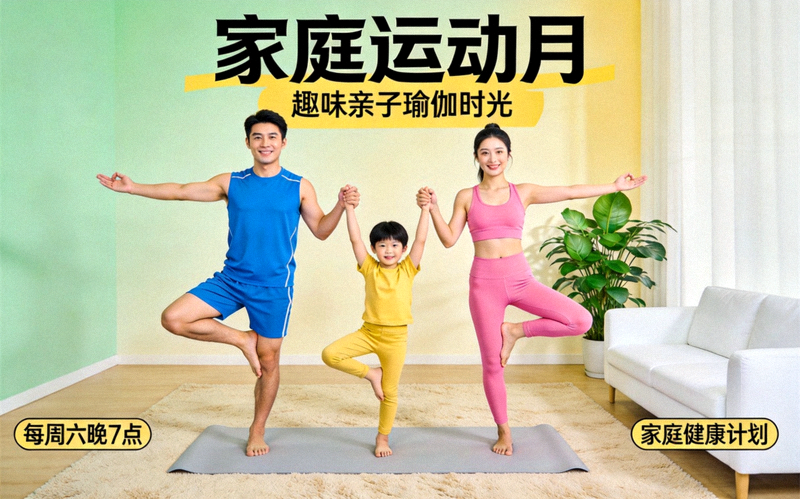 家庭运动月主题活动海报 - 父母与孩子在家中客厅一起进行趣味亲子瑜伽运动