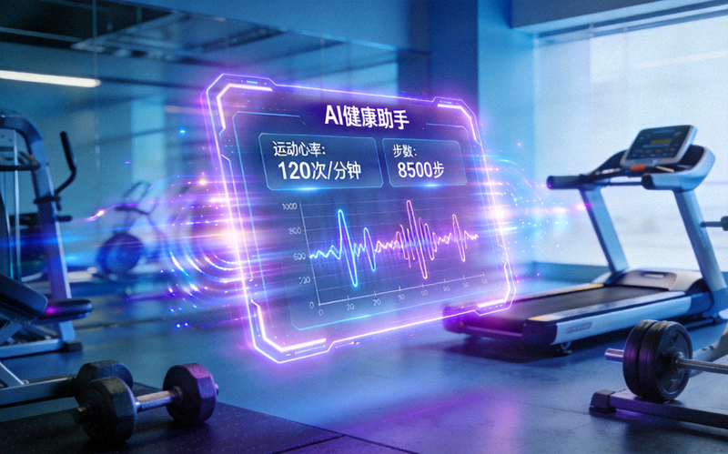 科技赋能体育生活概念图 - 全息投影展示AI健康助手界面，正在分析用户的运动心率、步数等实时数据
