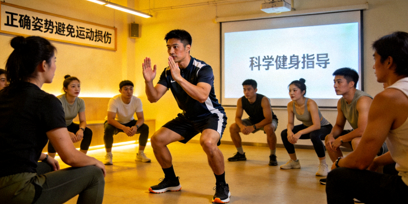 科学健身讲座现场 - 教练指导观众正确的健身姿势