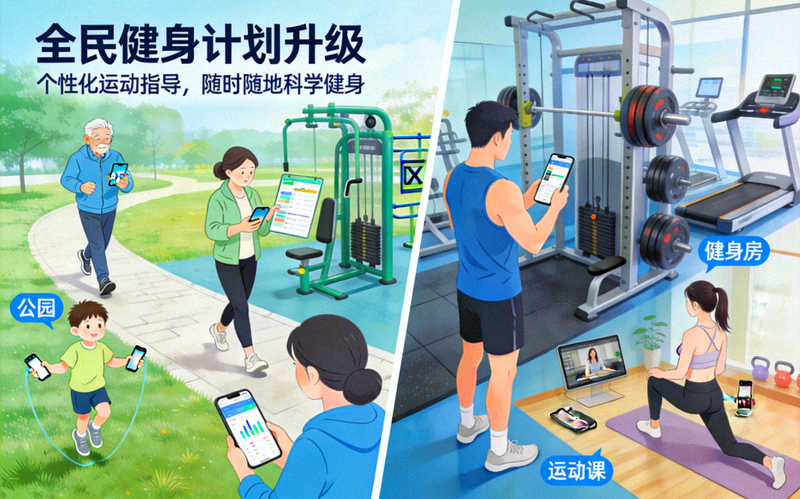 全民健身计划升级宣传图 - 不同年龄人群在公园、健身房使用手机APP接收个性化运动指导