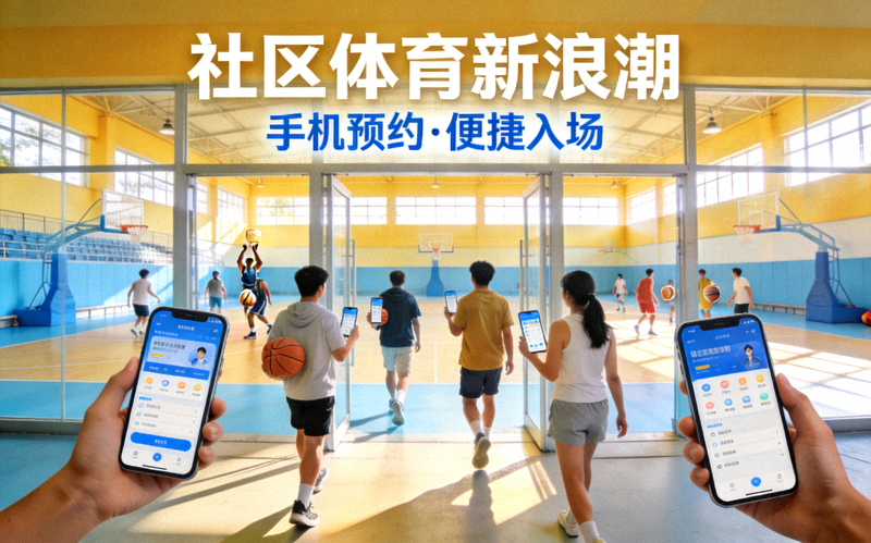 社区体育新浪潮宣传图 - 人们通过手机轻松预约并进入明亮的社区篮球馆进行活动