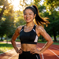 用户李女士在户外跑步后充满活力的肖像