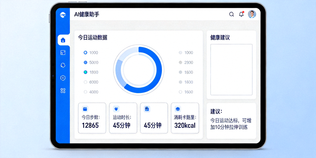 AI健康助手界面演示 - 平板电脑展示用户运动数据仪表盘与健康建议