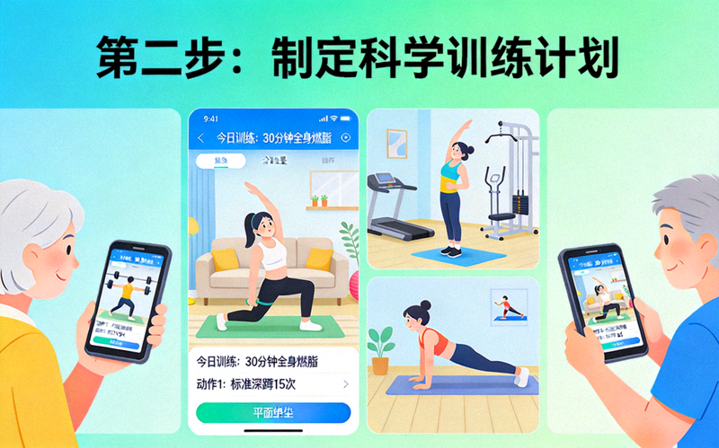 第二步：制定科学训练计划 - 人们跟随健身应用进行锻炼