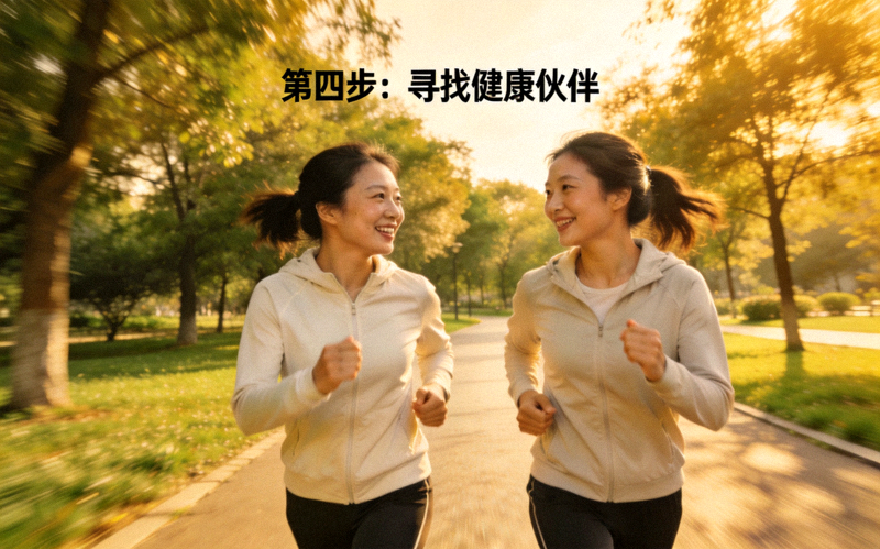 第四步：寻找健康伙伴 - 两位女性在公园里边跑步边交谈