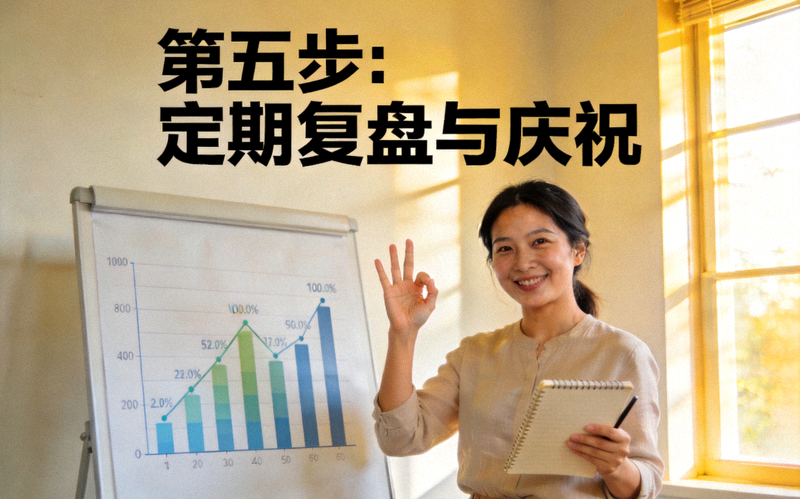 第五步：定期复盘与庆祝 - 女性在图表前记录并庆祝健康成果