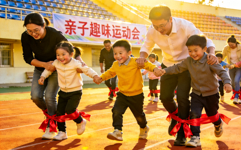 亲子趣味运动会场景 - 孩子们与父母在进行两人三足比赛