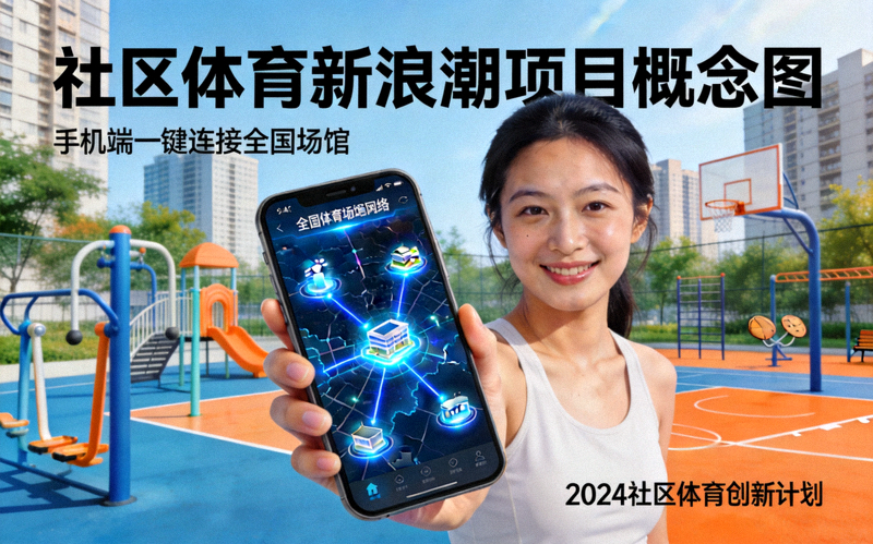 社区体育新浪潮项目概念图 - 人们通过手机连接全国体育场馆网络