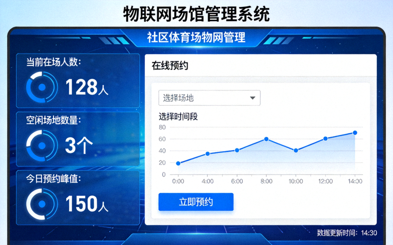 物联网场馆管理示意图 - 大屏幕展示社区体育馆实时使用数据与在线预约界面