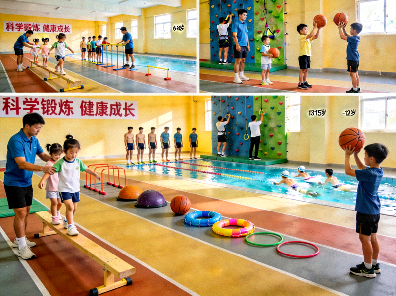 不同年龄段青少年参与科学体育锻炼的场景 - 孩子们在专业指导下进行多样化运动