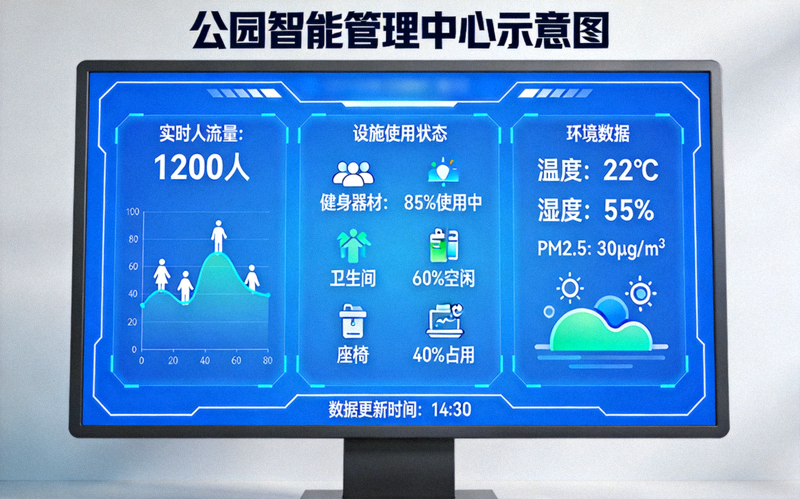 公园智能管理中心示意图 - 大屏幕显示公园实时人流量、设施使用状态、环境数据
