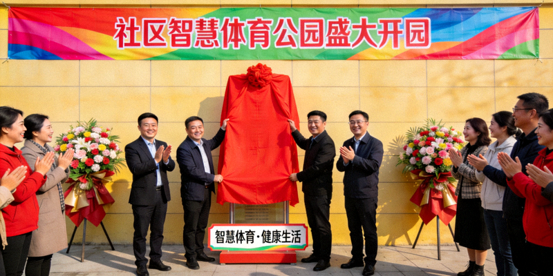 社区智慧体育公园盛大开园仪式现场 - 领导嘉宾为公园揭幕，群众鼓掌