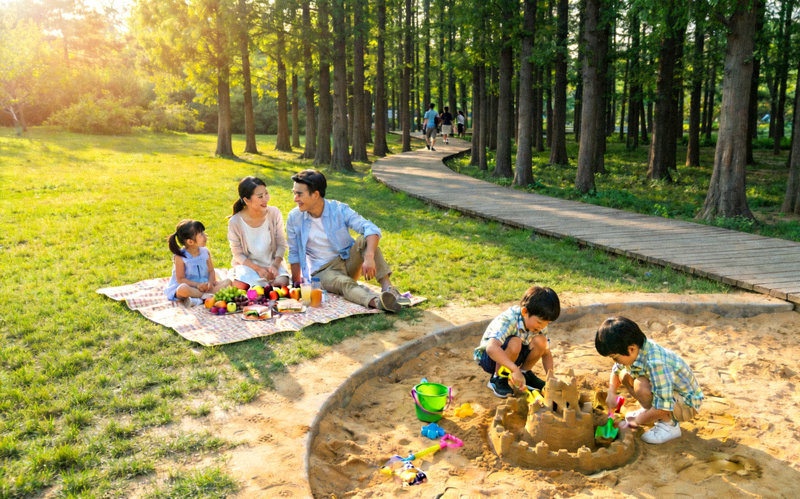 生态休闲区实景 - 阳光草坪上家庭在野餐，儿童在沙坑玩耍，背景是绿树与步道