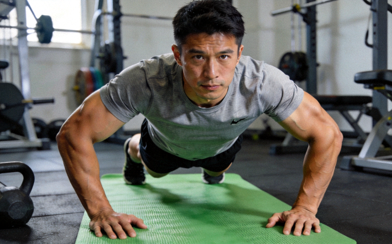 俯卧撑训练动作示范 - 男性在瑜伽垫上进行标准俯卧撑