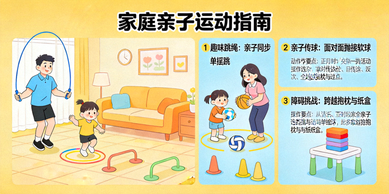 家庭亲子运动指南图解 - 父母与孩子在家中进行趣味体能游戏
