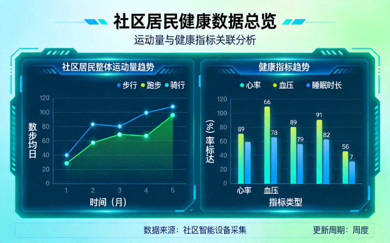 健康数据大屏可视化展示社区居民整体运动量与健康指标趋势