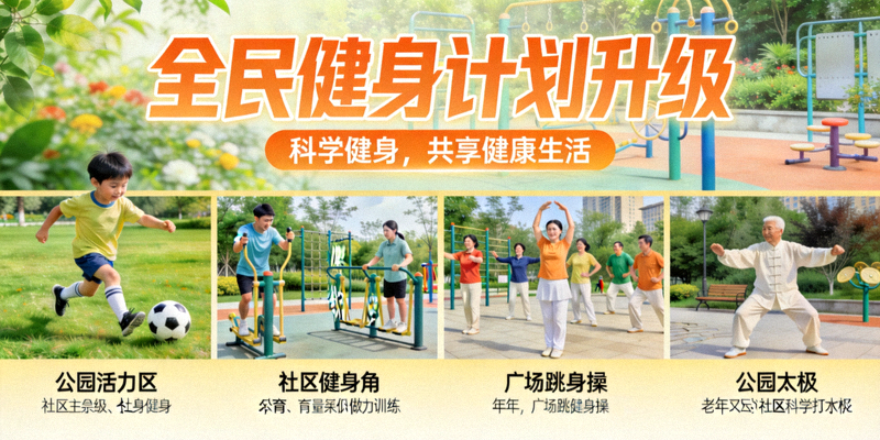 全民健身计划升级宣传图 - 不同年龄人群在公园、社区等场景进行科学健身