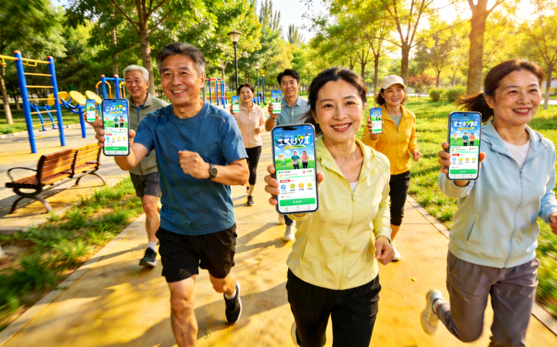 社区居民在公园参加线上组织的健步走活动 - 人群充满活力