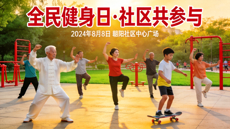 社区群众积极参与全民健身日活动 - 人们在广场上进行集体锻炼