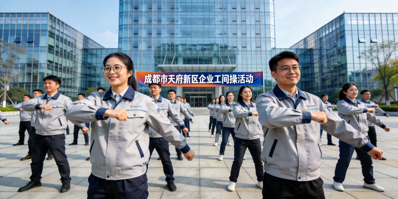 成都市天府新区企业工间操活动场景 - 员工在办公楼前集体锻炼