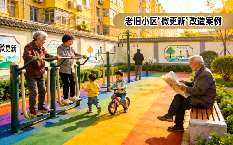 老旧小区‘微更新’改造案例 - 居民在改造后的公共空地上进行休闲健身活动