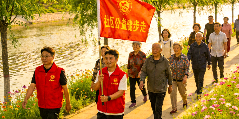 社区公益健步走活动 - 居民沿河岸步道集体行走