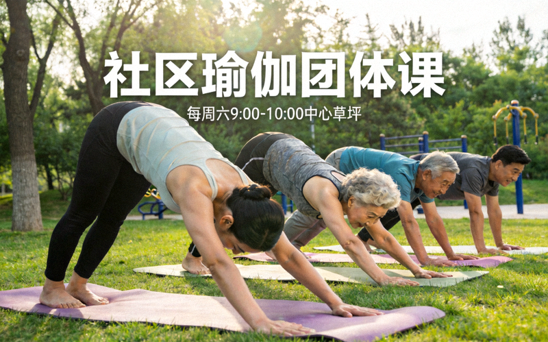 社区瑜伽团体课 - 不同年龄居民在户外同步练习瑜伽