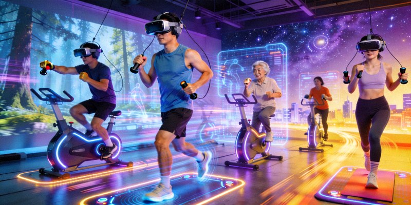 未来智能健身场景概念图 - 人们使用VR设备进行沉浸式锻炼