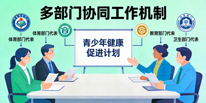 多部门协同工作机制图示 - 体育、教育、卫生等部门代表共同讨论