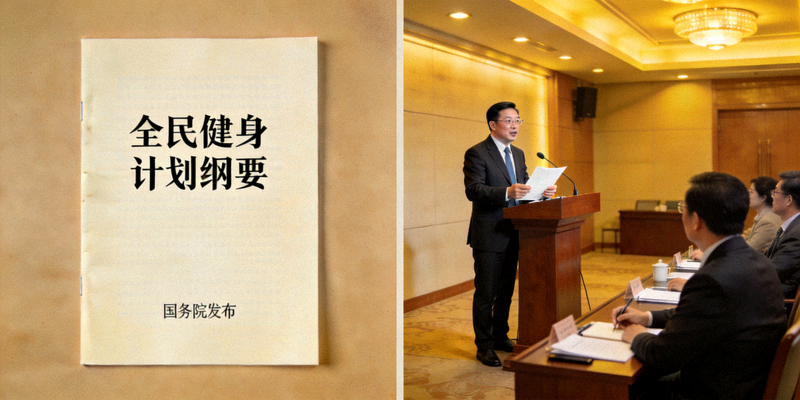 《全民健身计划纲要》政策文件封面与会议现场 - 官员正在阐述计划目标