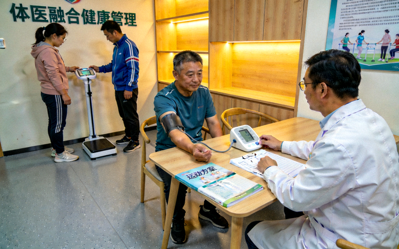 体医融合服务站内部图 - 居民在社区服务站进行基础健康检测与运动咨询