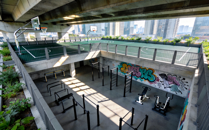 屋顶及桥下空间改造的运动区 - 巧妙利用城市灰色空间建设的篮球场与健身区