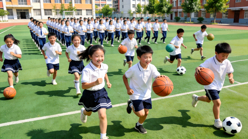 校园内学生进行阳光体育活动 - 中小学生在操场进行集体跑步和球类运动