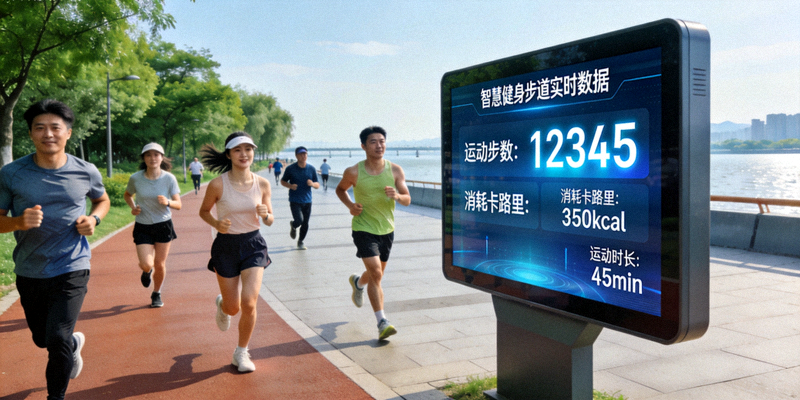 杭州市‘智慧健身步道’系统应用案例 - 市民在滨江步道跑步，大屏显示实时数据