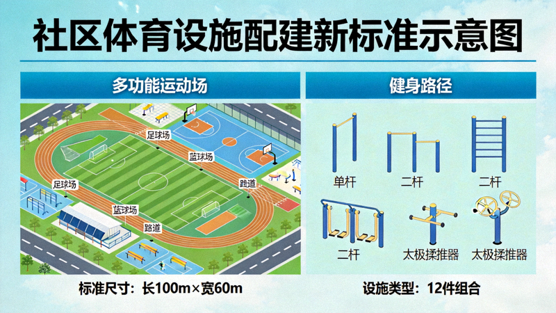 社区体育设施配建新标准示意图 - 展示多功能运动场、健身路径