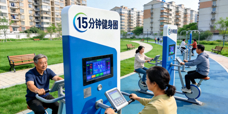 某城市“15分钟健身圈”智慧体育公园实景 - 市民使用智能健身器材