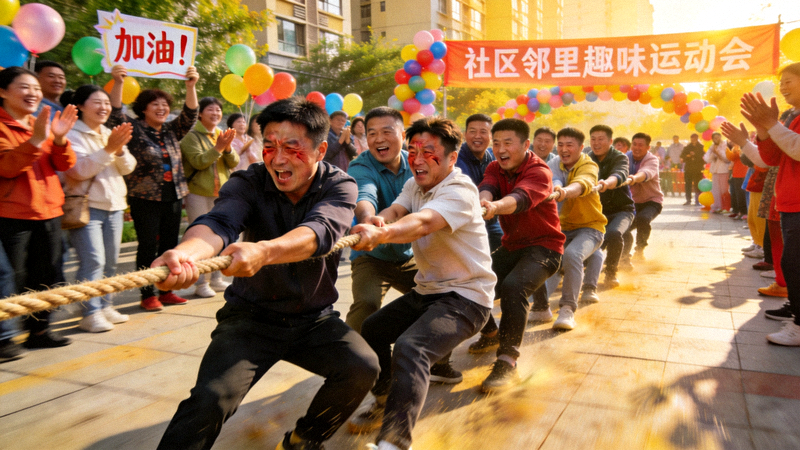 社区邻里趣味运动会拔河比赛现场 - 参与者热情高涨，观众加油助威