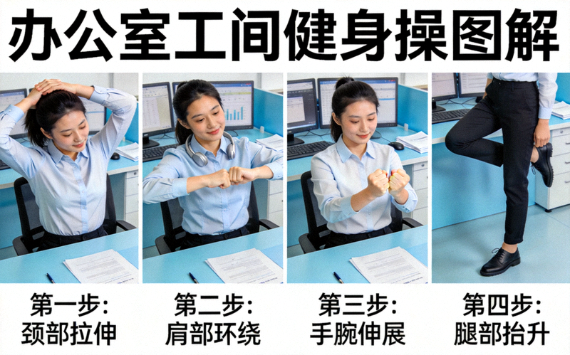 办公室人群工间健身操图解 - 职员在办公桌前进行拉伸和简易锻炼