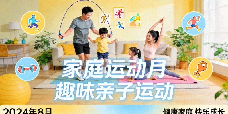 家庭运动月主题活动海报 - 父母与孩子在家中一起做趣味亲子运动