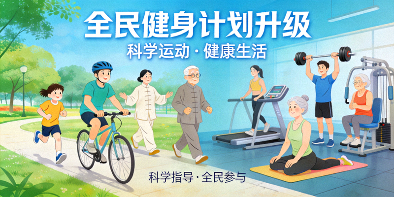 全民健身计划升级宣传图 - 不同年龄人群在公园、健身房等场景进行科学运动