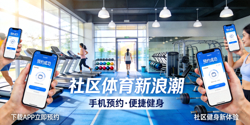 社区体育新浪潮宣传图 - 人们通过手机APP预约并进入明亮的社区体育馆进行锻炼