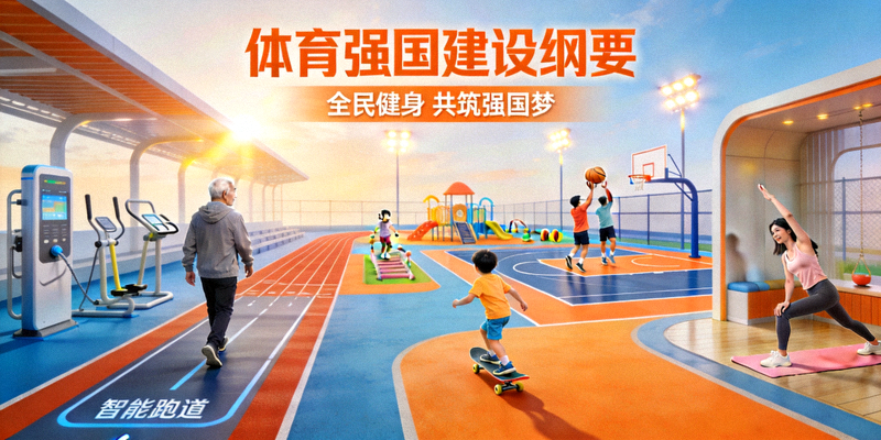 体育强国建设纲要宣传图 - 不同人群在现代化体育设施中锻炼