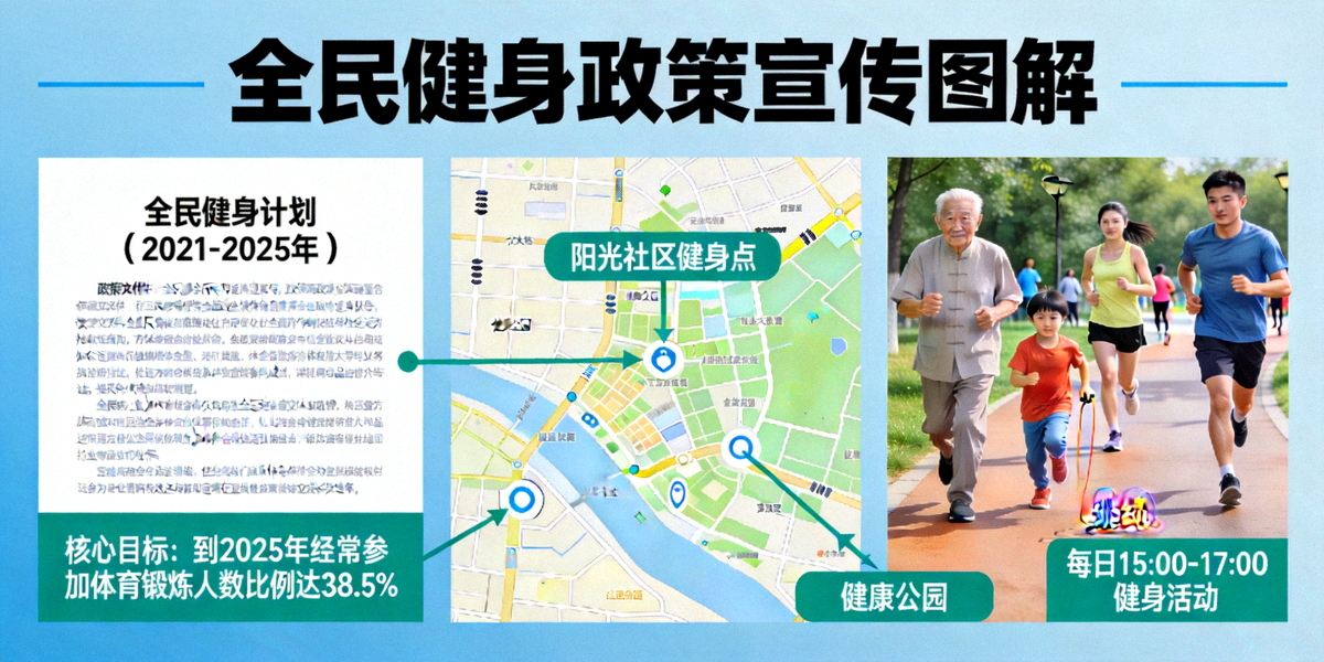 全民健身政策宣传图解 - 展示政策文件、社区地图与运动人群的关联