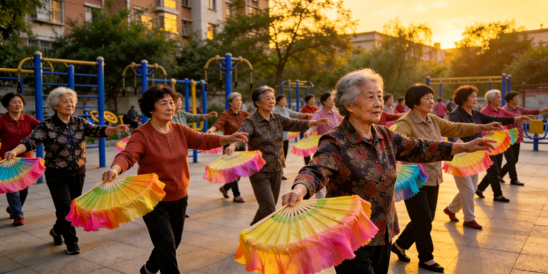 社区广场舞活动 - 中老年居民在傍晚整齐地跳着广场舞