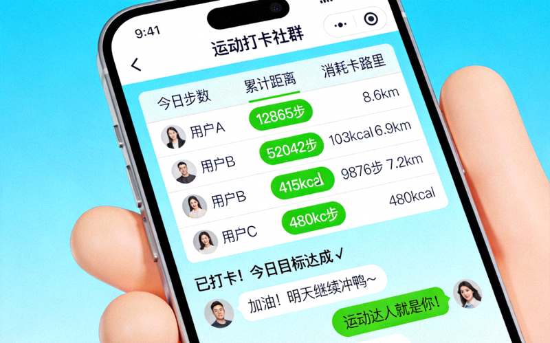 线上运动打卡社群截图 - 手机界面显示运动数据排行与社群互动