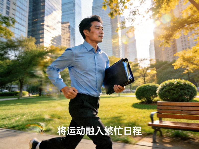 都市上班族利用午休时间在公园进行慢跑锻炼 - 将运动融入繁忙日程