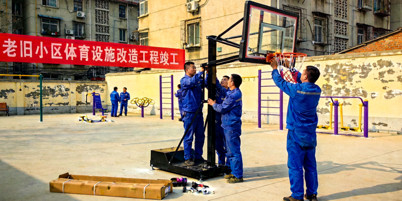 老旧小区体育设施改造工程竣工 - 工人安装新的篮球架