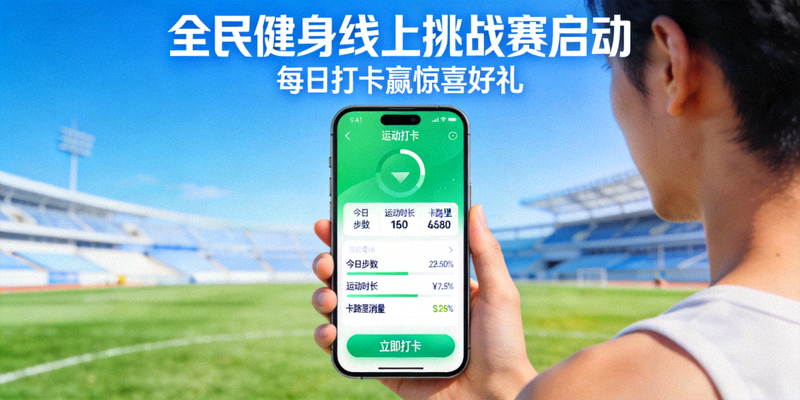 全民健身线上挑战赛启动宣传 - 手机屏幕显示运动打卡界面
