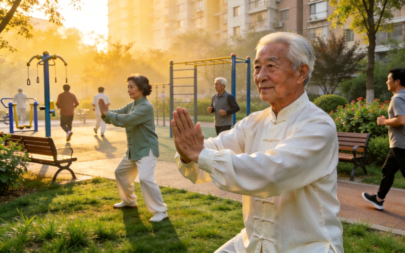 社区体育生活场景 - 居民在社区公园进行晨练、打太极拳