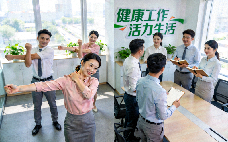 职场健康促进场景 - 办公室员工进行工间操和站立会议